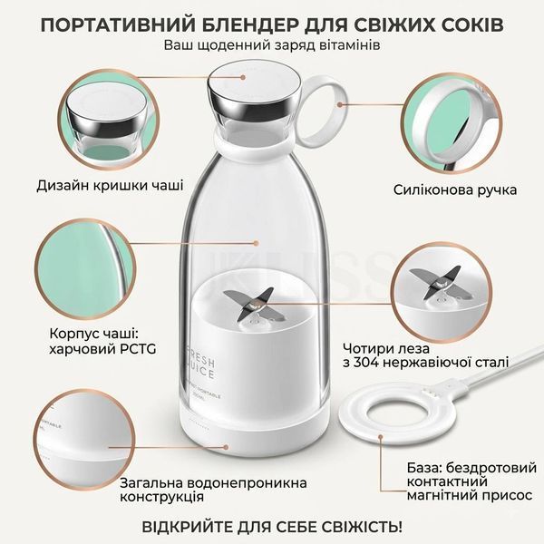 Портативний блендер акумуляторний 350 мл 50 Вт з бездротовою зарядкою для смузі 8596345 фото
