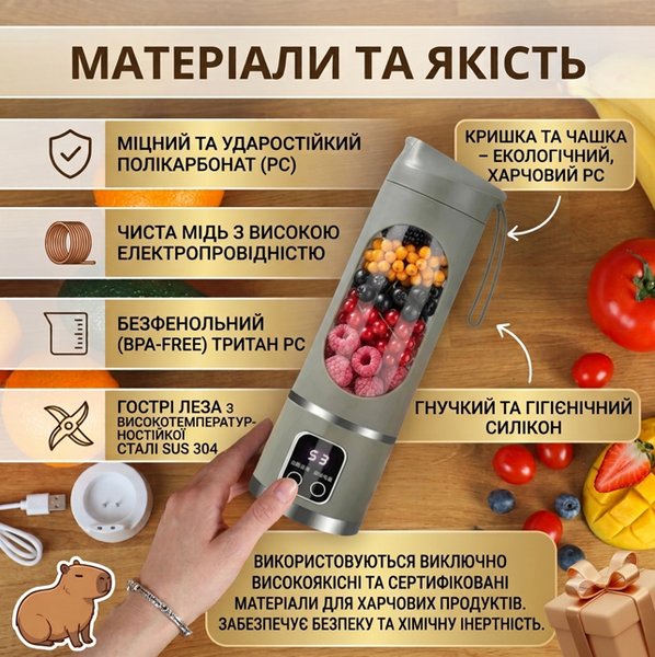 Портативный зеленый блендер 2в1 для смузи и соков 450 мл, USB Type-C, 3 режима мощности KH-1020 фото