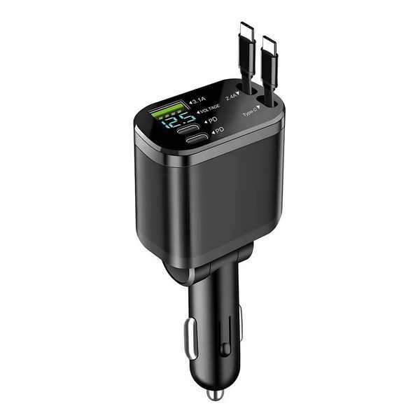 Автомобільний зарядний пристрій M4 з двома висувними кабелями Type-C, USB, PD та вольтметром 623512 фото