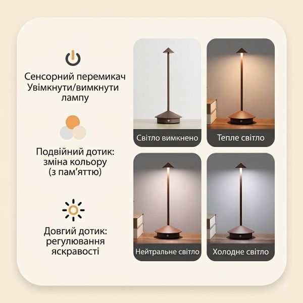 Настольная лампа беспроводная аккумуляторная 30 см, металл, диммер, 3 цвета света, Type-C, для дома, кафе и ресторана, бронза 24363512 фото
