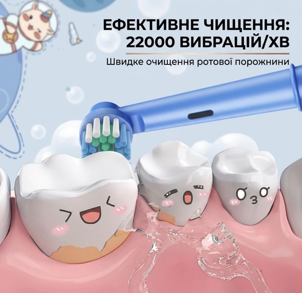 Детская электрическая зубная щётка вращающаяся Kids Electric Toothbrush, 3 режима, 4 сменные насадки, Type-C, синяя 4276743 фото